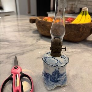 Victorian Delft Antique Blue and White Ceramic Oil Lamp- 1800’s